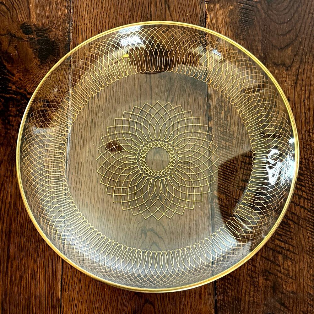 Vintage 1960s Svend Jensen Denmark Serving Bowl MCM Gold Spirograph and Gold Rim